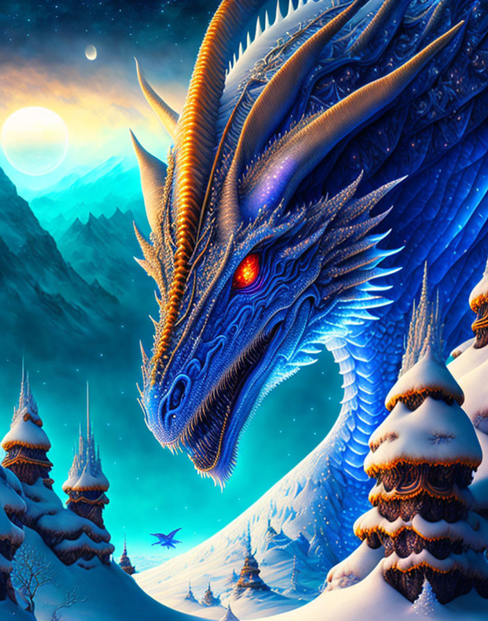 Blue Dragon in Snowy Fantasy Landscape with Oriental Towers
