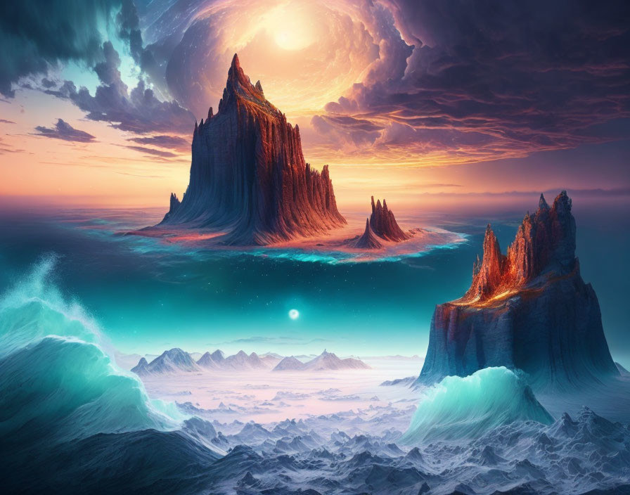 Fantastical landscape with towering rock formations by turbulent sea and colorful sunset sky
