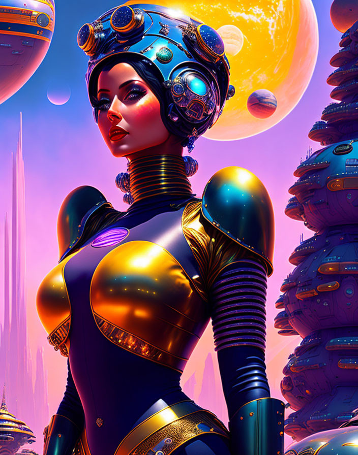 Detailed headpiece on futuristic female android in sci-fi cityscape.