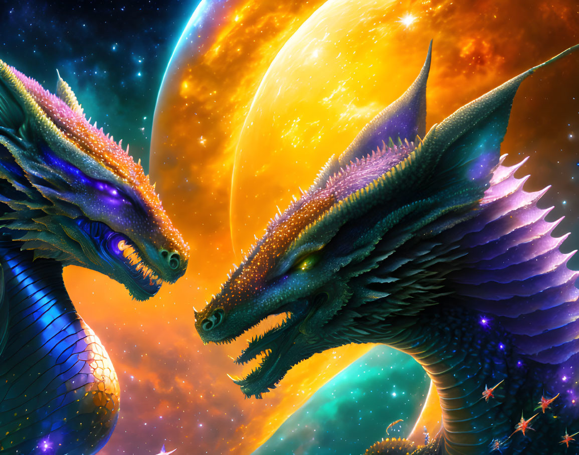 Vibrant dragon art with cosmic backdrop and planet stars
