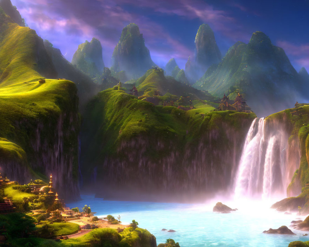 Vibrant fantasy landscape with mountains, waterfalls, and village under a glowing sky