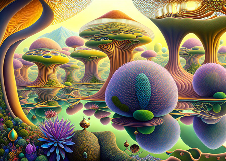 Colorful Mushroom Structures and Reflective Waters in a Fantastical Landscape