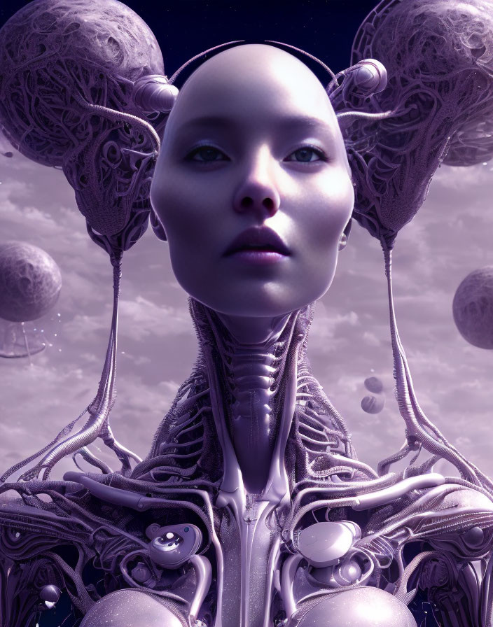 Bald humanoid with metallic structures under purple sky