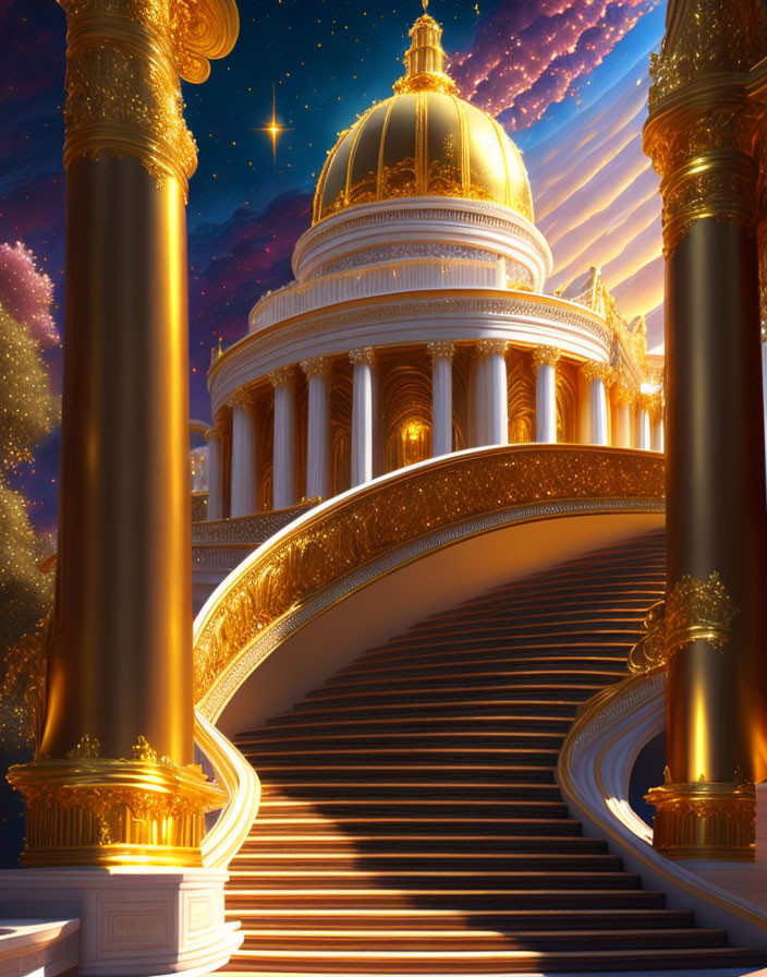 Opulent palace with golden stairs, grand columns, and dome under starry sky