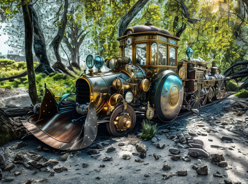 Intricate Brass Details on Steampunk-Style Train in Forest Clearing