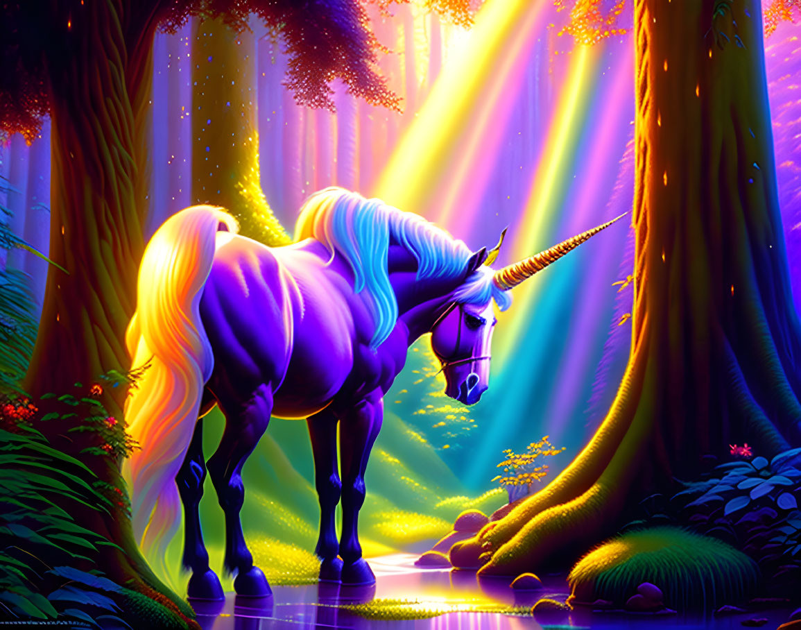 Purple Unicorn in Enchanted Forest with Sunbeams