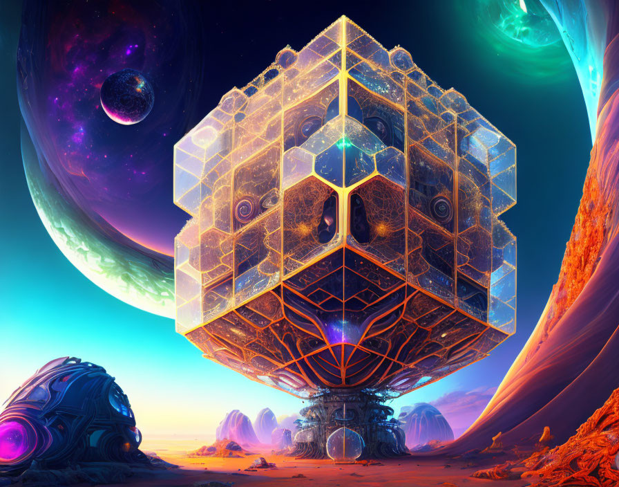 Surreal sci-fi landscape with floating geometric structure