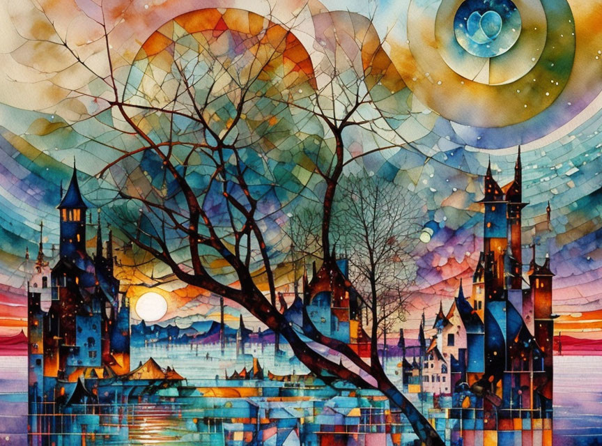 Colorful Watercolor Painting of Whimsical Cityscape & Dreamlike Elements
