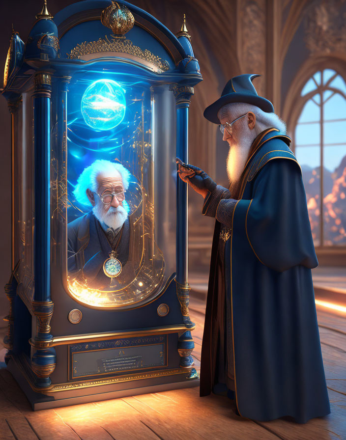 Wizard in Blue Robes Studies Magical Cabinet with Elderly Figure in Glowing Sphere