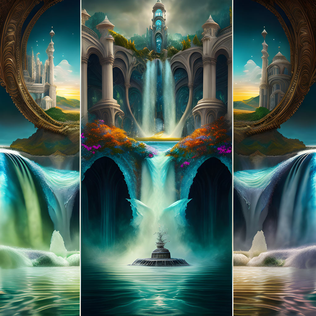 Fantasy triptych: Waterfalls, clock tower, vibrant flora & isolated tree