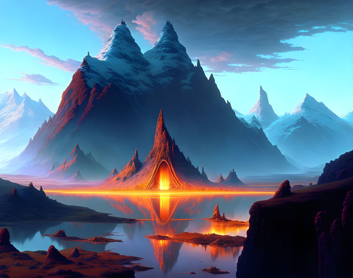 Fantastical landscape with twin peaks, glowing lava river, and tranquil water.