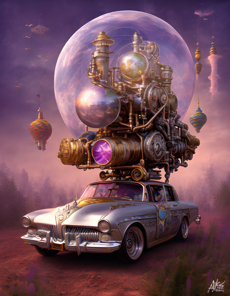Retro-futuristic steampunk car under moon with floating lanterns and ships