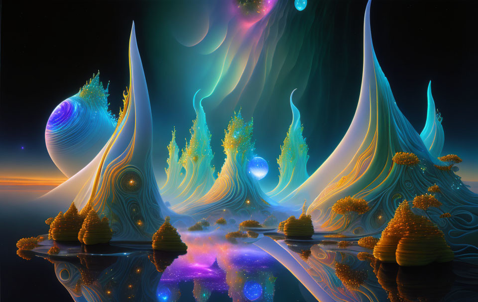 Glowing trees, spiral structures, vivid sky, celestial bodies, reflective water: fantasy landscape.