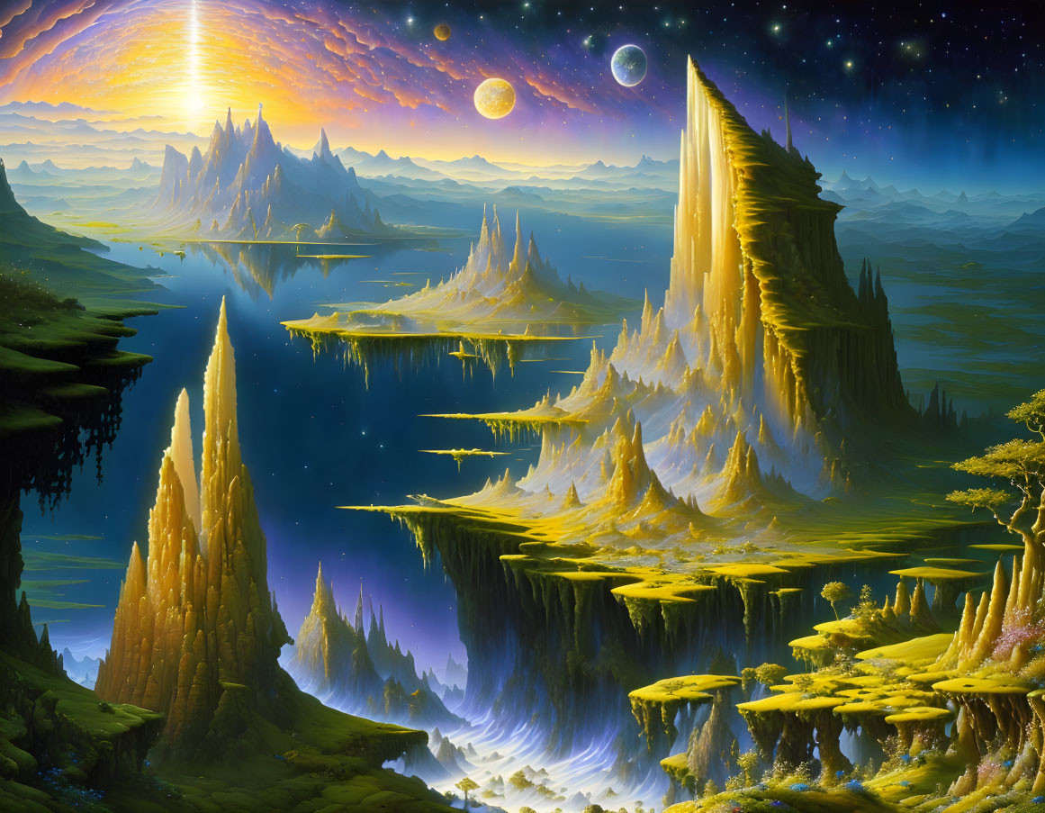 Fantastical landscape with towering mountains and starry sky