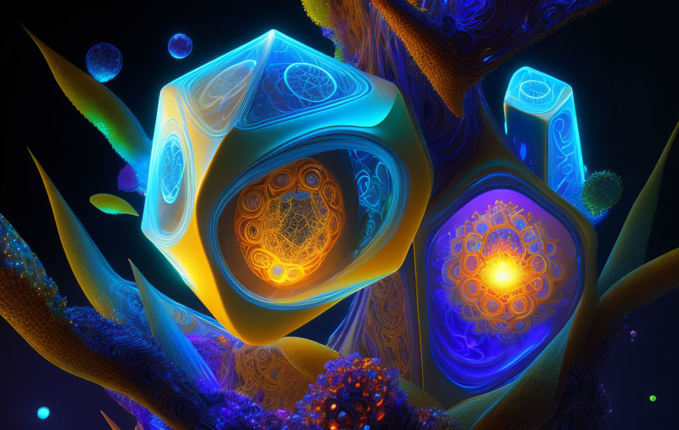 Colorful digital art: luminous organic shapes, intricate patterns, dark background, floating spheres.