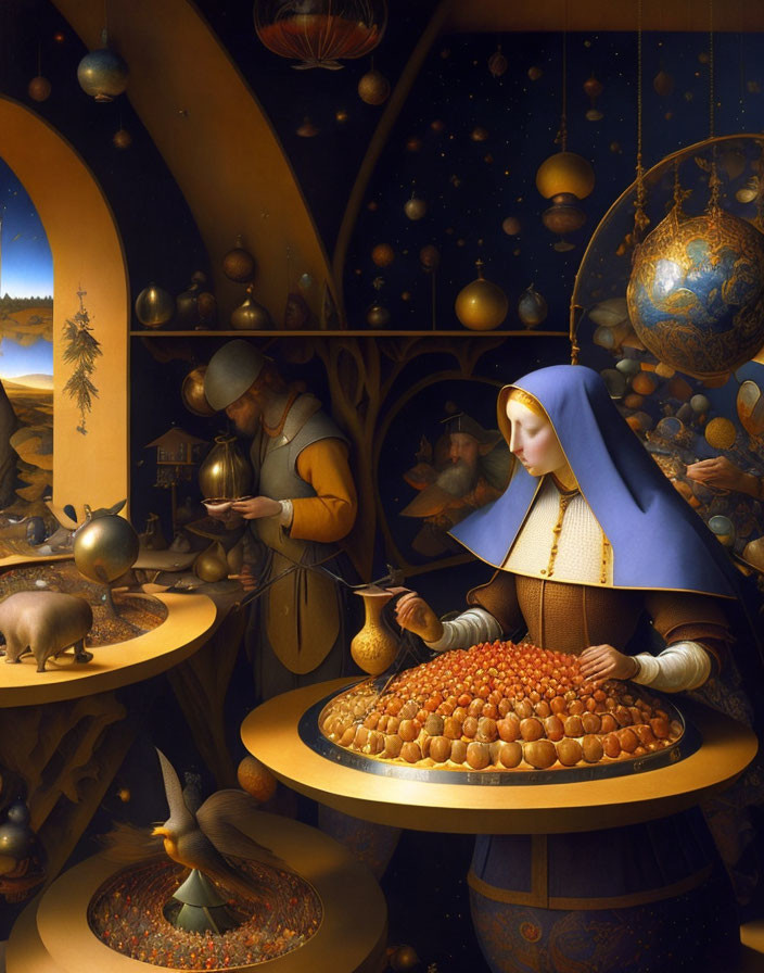 Surreal art of two robed figures with celestial orbs, one holding light, the other with