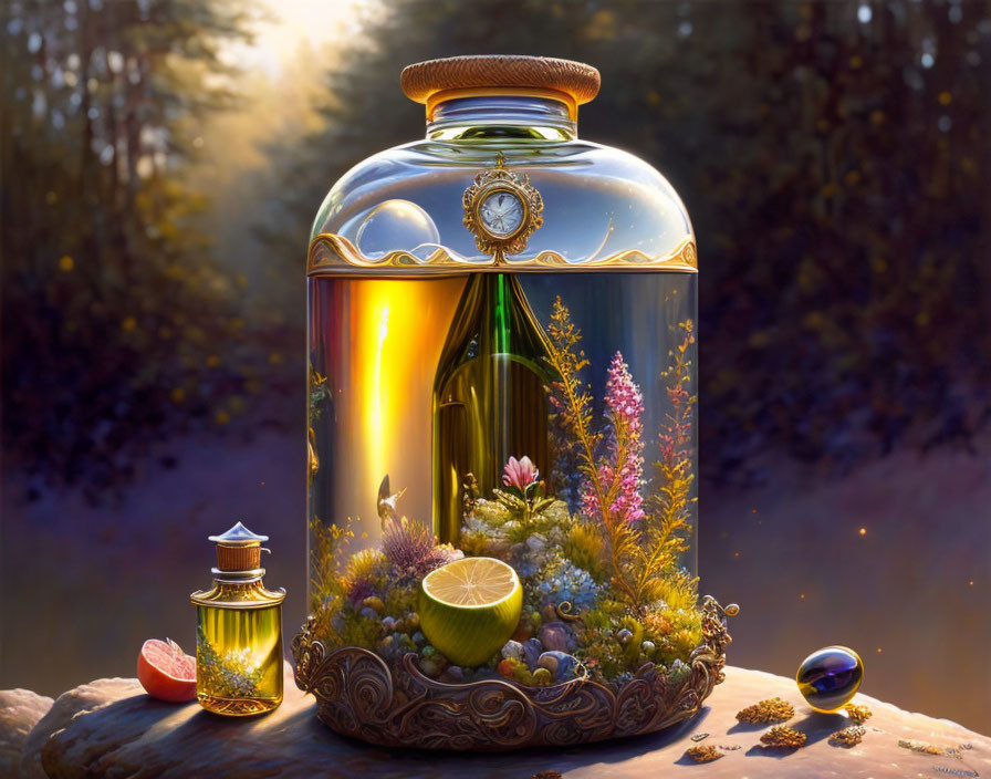 Glass jar with miniature ecosystem on wood surface at sunset with lantern, fruit, and marbles.