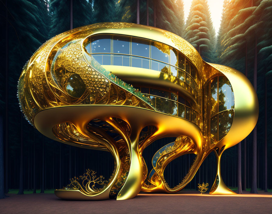 Golden futuristic structure with ornate design in forest setting
