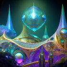 Futuristic digital art of ornate armored beings with golden designs and purple elements