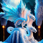 Majestic ice dragons with crystalline scales and expansive wings illuminated by soft golden lights