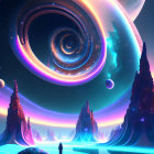 Person in surreal cosmic landscape with swirling galaxies and glowing water.