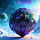 Large intricate sphere hovers over snowy landscape with colorful planets and stars