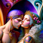 Colorful digital painting of two stylized figures with intricate hairstyles and decorative headpieces in a tender moment
