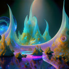 Glowing trees, spiral structures, vivid sky, celestial bodies, reflective water: fantasy landscape.