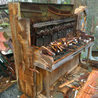 Vintage piano covered in moss and flowers in forest setting