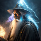 Wizard with white beard and glowing staff in stormy scene