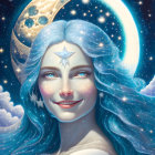 Ethereal woman with blue eyes and starry hair under full moon