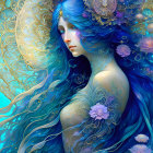 Blue-haired female figure with gold accents in ethereal setting
