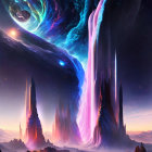 Colorful digital artwork: Alien spires in mystical landscape with planet and stars