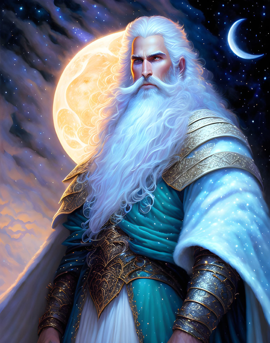 Elder Male Figure in Gold and Blue Robes with Moon and Stars Background