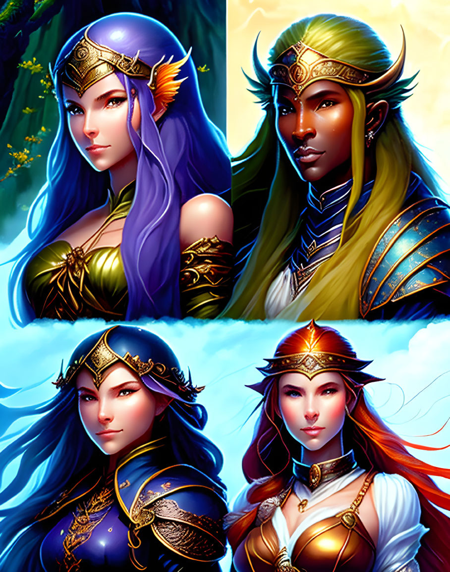 Fantasy elf characters in ornate armor with varied hair colors in nature settings.
