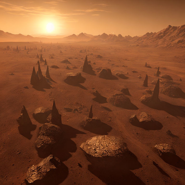 Martian Landscape: Sunset, Rocky Outcrops, Distant Mountains