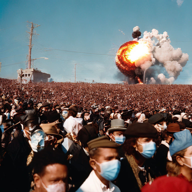 People in masks observe distant explosion under clear sky