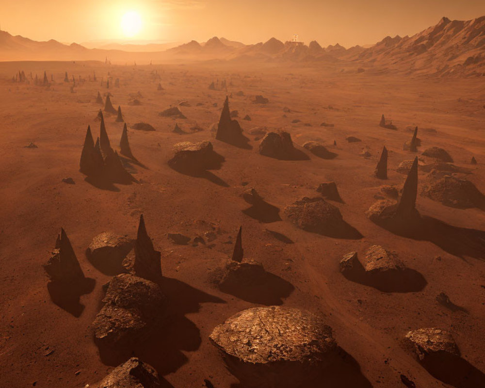 Martian Landscape: Sunset, Rocky Outcrops, Distant Mountains