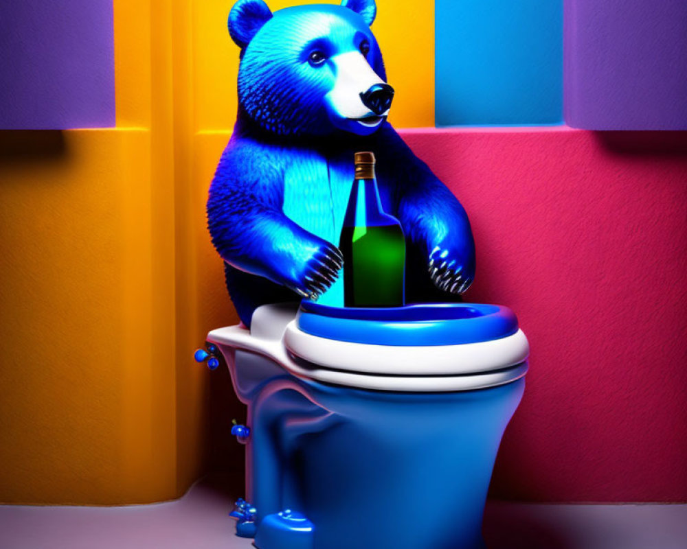 Colorful Blue Bear Figurine with Bottle on Melting Toilet Against Block Background