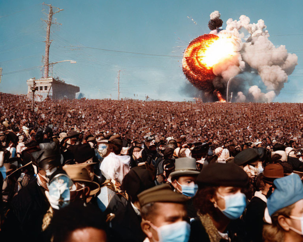 People in masks observe distant explosion under clear sky
