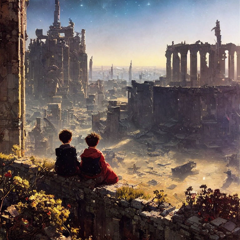 Two people on ruins, viewing destroyed cityscape at dusk