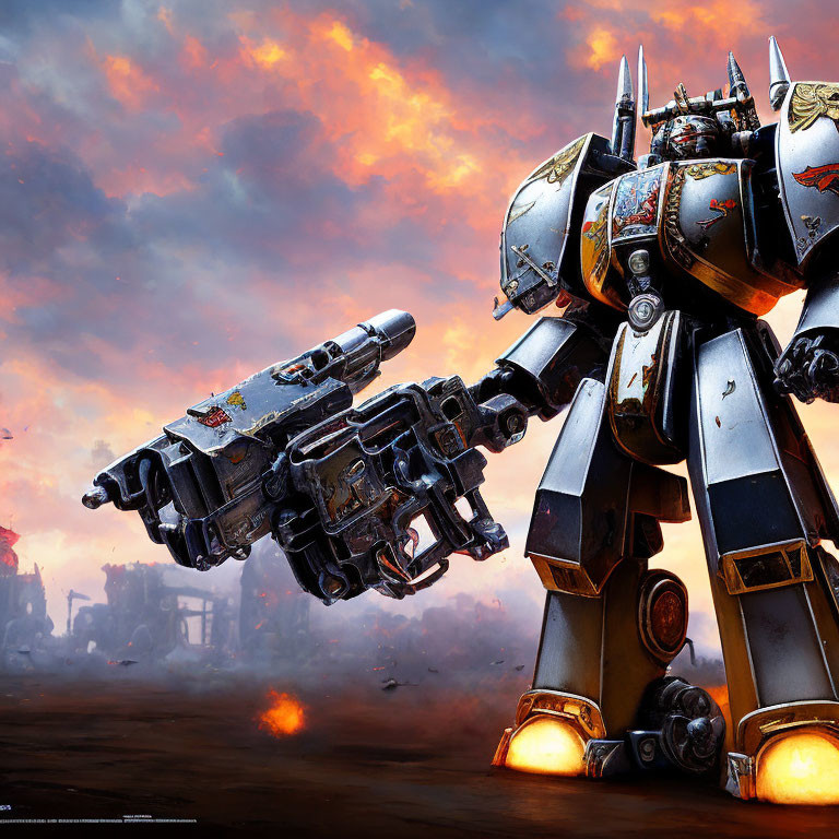 Detailed Mech Warrior with Large Gun in Silver and Gold Armor on War-Torn Landscape