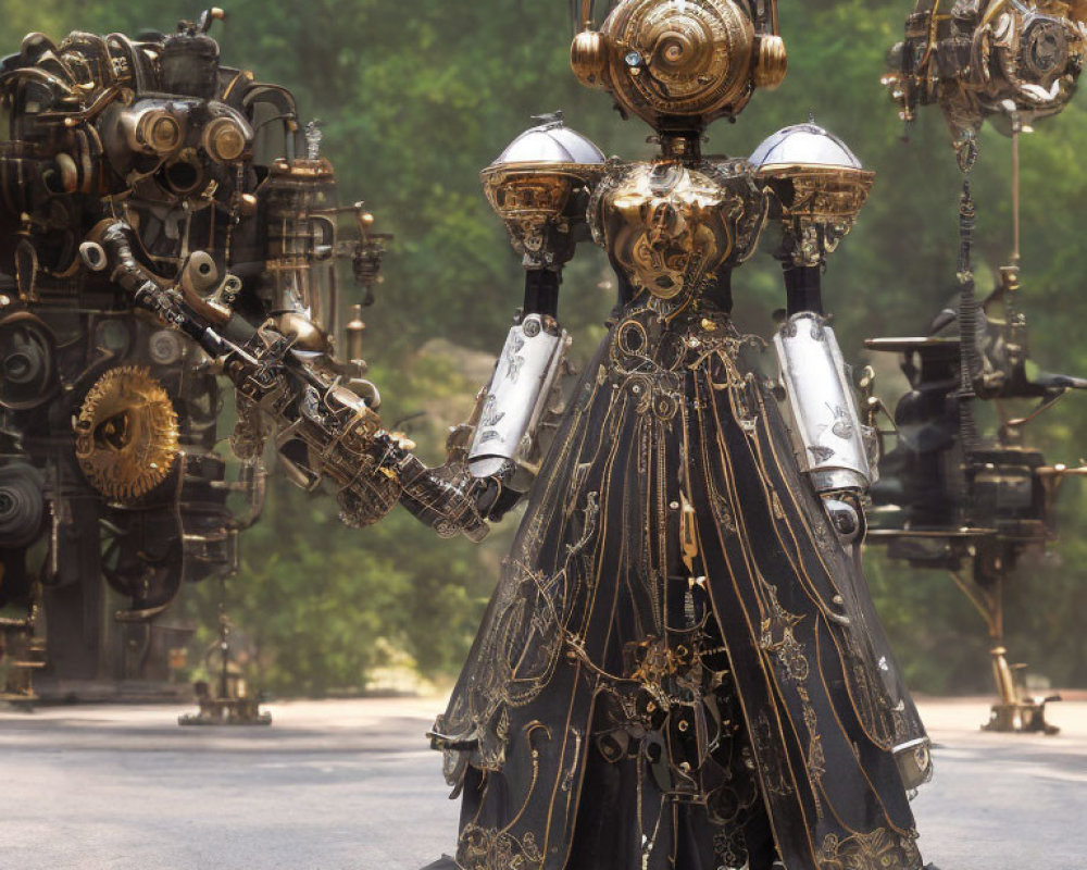 Victorian-style automaton in ornate dress with mechanical limbs among blurred robots.