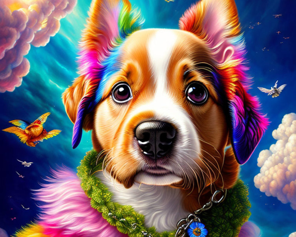 Colorful Dog Artwork with Green Collar in Fantasy Sky