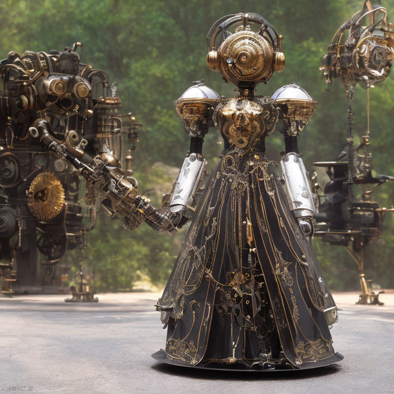 Victorian-style automaton in ornate dress with mechanical limbs among blurred robots.