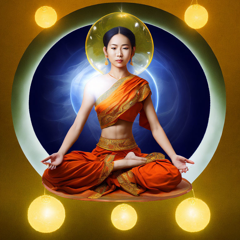Traditional Thai Attire Woman Meditating with Glowing Orbs