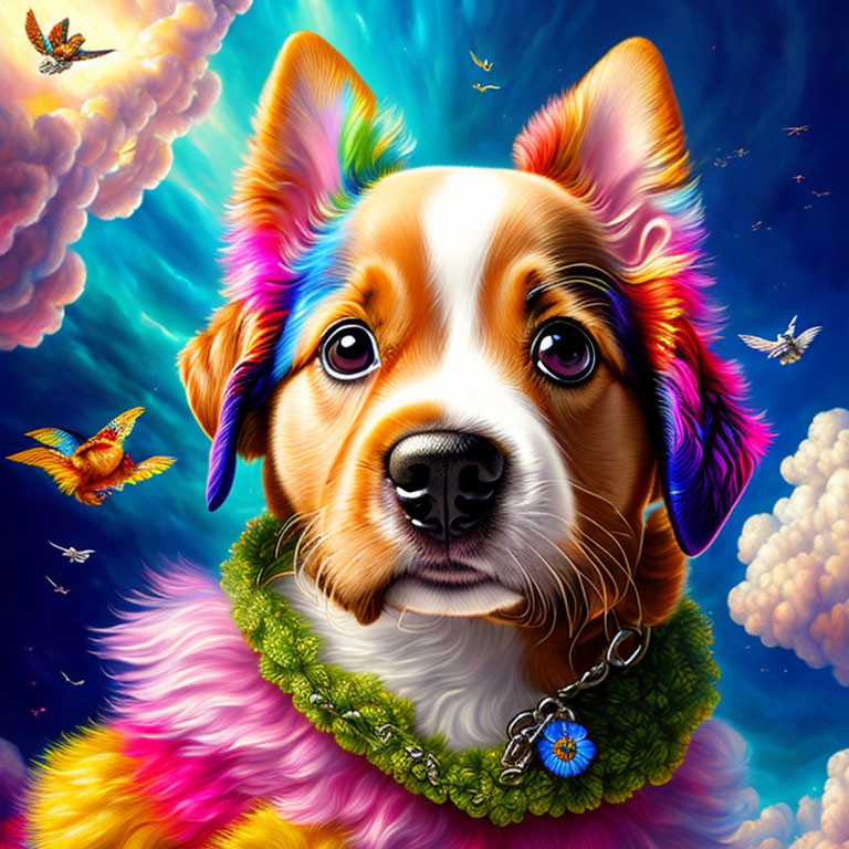 Colorful Dog Artwork with Green Collar in Fantasy Sky