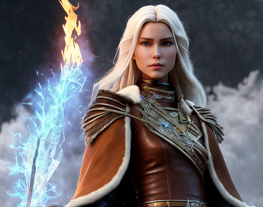 Fantasy female warrior digital art portrait with white hair and fiery sword.