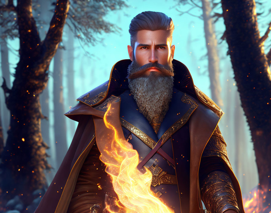 Bearded man in fantasy setting with flame-infused beard and elaborate outfit among trees