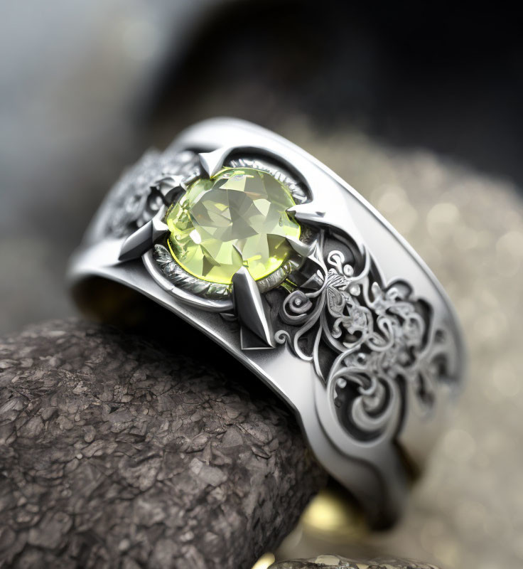Silver ring with green gemstone, filigree patterns, black stones